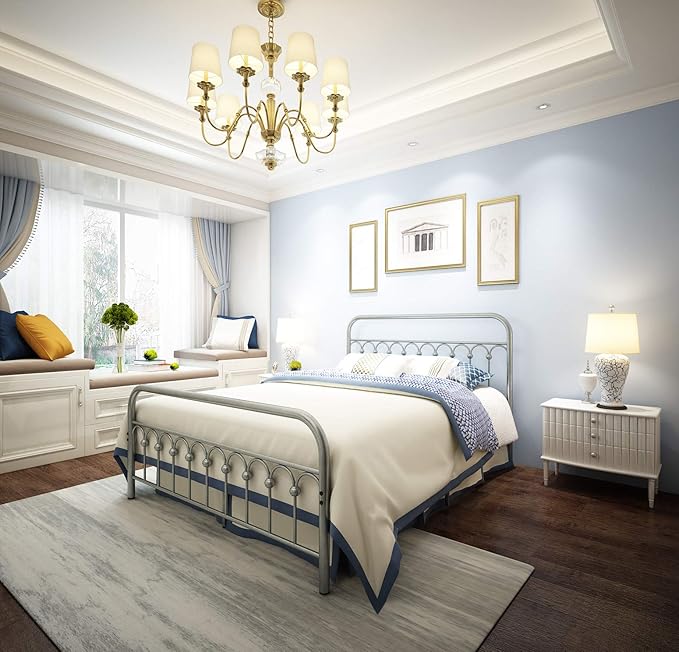 TUSEER Metal Bed Frame Queen Size with Vintage Headboard and Footboard Platform Base Wrought Iron Bed Frame Gray Silver (Queen, Gray Silver).