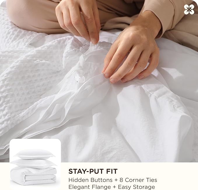 Bedsure Cotton Duvet Cover King - 100% Cotton Waffle Weave Bright White Duvet Cover King Size, GentleSoft™ and Breathable Bedding Set for All Season, 3 Pieces, 104"x90"