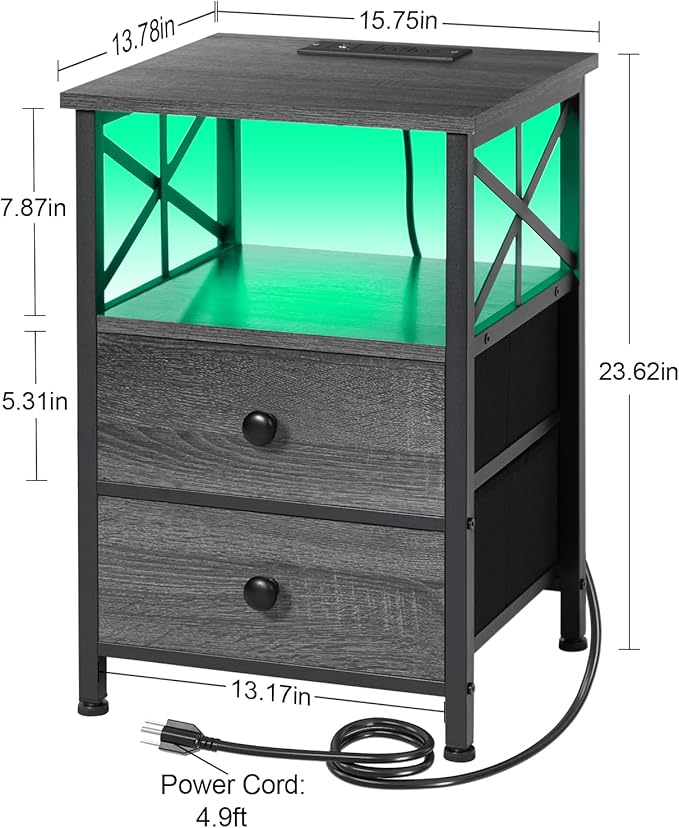 AMHANCIBLE Night Stand Set 2, LED Nightstand with Charging Station, End Tables Living Room with Fabric Drawers, Bedside Table for Bedroom, Dark Grey HET052LDG