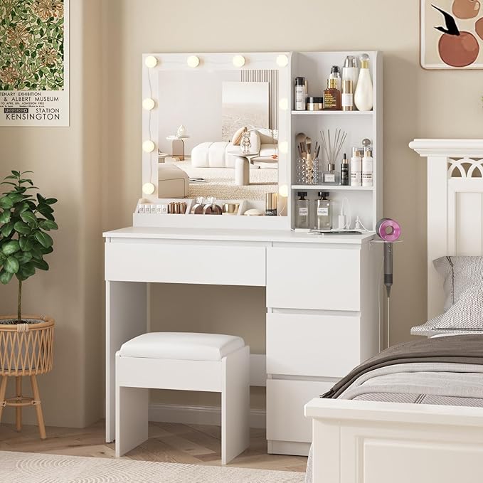 Vabches Vanity, Makeup Vanity Desk Set with Mirror & Light, Dressing Table Storage Lots with Power Strip, 3 Lighting Modes with Adjustable Brightness, 37 Inches (White) (White with Stool)