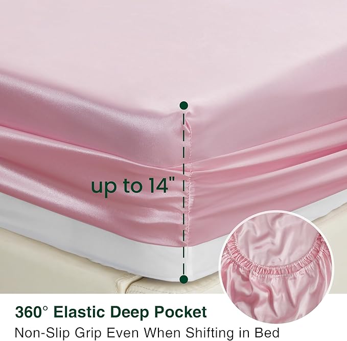 Love's cabin Twin Satin Sheets Sets - 3 Piece Pink Silky Bed Sheets with Deep Pockets, Luxury Silk Feel Satin Twin Size Sheet Set Bedding Set (1 Flat Sheet,1 Fitted Sheet,1 Pillow case)