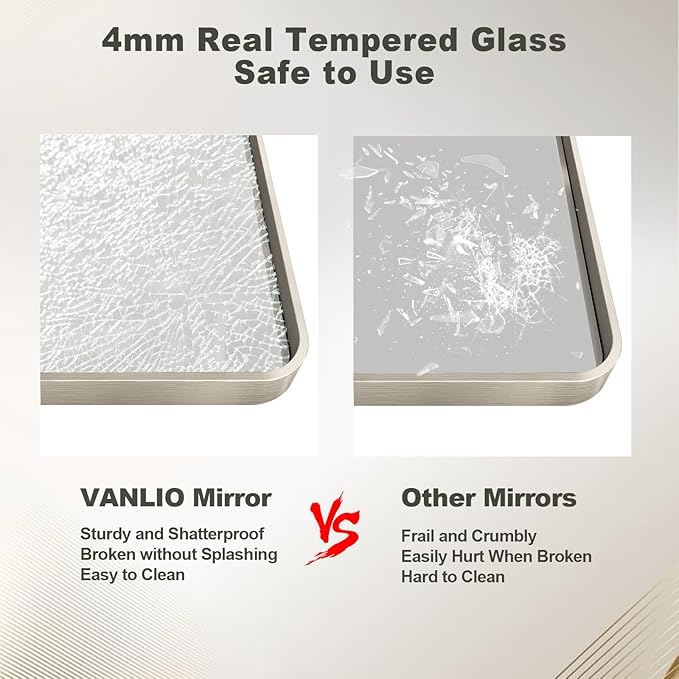 36x36 Inch Brushed Nickel Bathroom Mirror, Square Brushed Silver Metal Framed Wall Mirror, Rounded Corner Rectangle Modern Vanity Mirror, Tempered Glass, Anti-Rust, Shatterproof (Horizontal/Vertical)