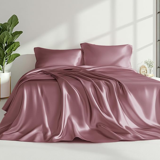 Love's cabin Twin Satin Sheets Sets - 3 Piece Rose Taupe Silky Bed Sheets with Deep Pockets, Luxury Silk Feel Satin Twin Size Sheet Set Bedding Set (1 Flat Sheet,1 Fitted Sheet,1 Pillow case)