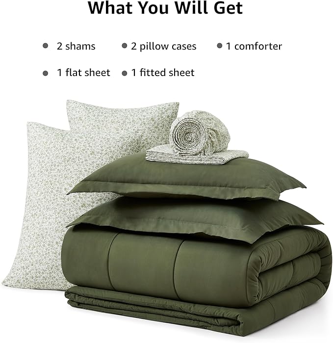 Monbix Full Comforter Set - 7 Pieces Olive Green Bed in a Bag Full Size Track Stitching Bedding Sets, All Seasons Down Alternative Comforter with Sheets,Pillowcases & Shams