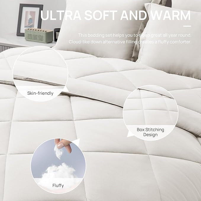 Love's cabin Twin XL Comforter Set Off White, 5 Pieces Twin XL Bed in a Bag, All Season Bedding Sets with 1 Comforter, 1 Flat Sheet, 1 Fitted Sheet, 1 Pillowcase and 1 Pillow Sham