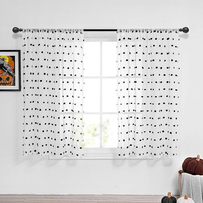 MYSKY HOME 45 Inches Black Pom Pom Sheer Curtains, 2 Panels, 52"W x 45"L, Bedroom, Kitchen, Nursery Room, Rod Pocket, Modern, Unisex, Halloween, Art, Polyester, Sheer, 2 Count