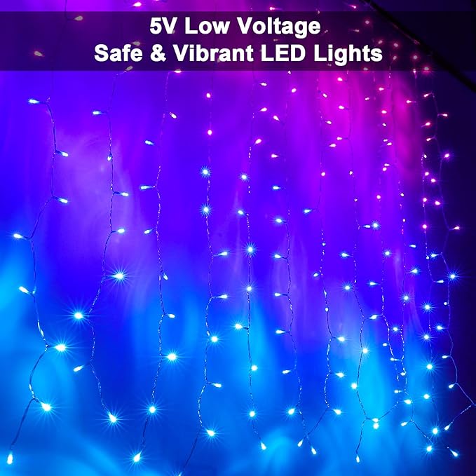 Pink Purple & Blue Ombre LED Curtain Lights with Remote, Rainbow Waterfall String Lights Ombre Hanging Fairy Mermaid Light for Teen Room, Girls Room, Mernaid, Bedroom, Birthday, Cute Christmas Décor