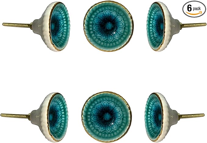 Perilla Home Set of 6 Ceramic Knobs Decorative Round Knobs for Home Kitchen Cabinet Vintage Hardware Cupboard Door Dresser Wardrobe Drawer Pulls (Turquoise)