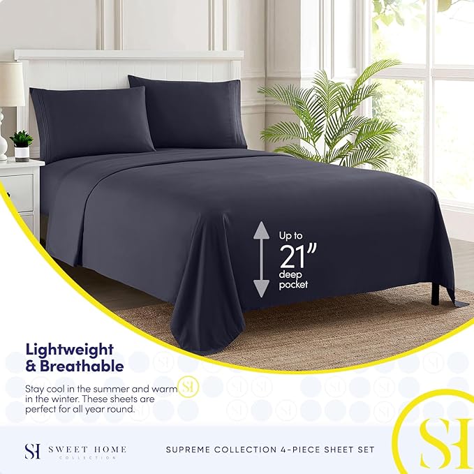 Queen Size Bed Sheets - Breathable Luxury Sheets with Full Elastic & Secure Corner Straps Built In - 1800 Supreme Collection Extra Soft Deep Pocket Bedding, Sheet Set, EXTRA DEEP pocket - Queen, Navy