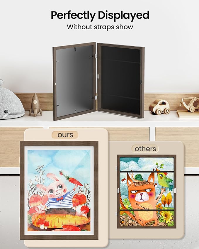 BAIJIALI Brown Art Frames for Kids Artwork - Front Opening Holds 150 Drawings, 3D Crafts - 2 Packs 8.5x11 with mat or 9x12 without Mat
