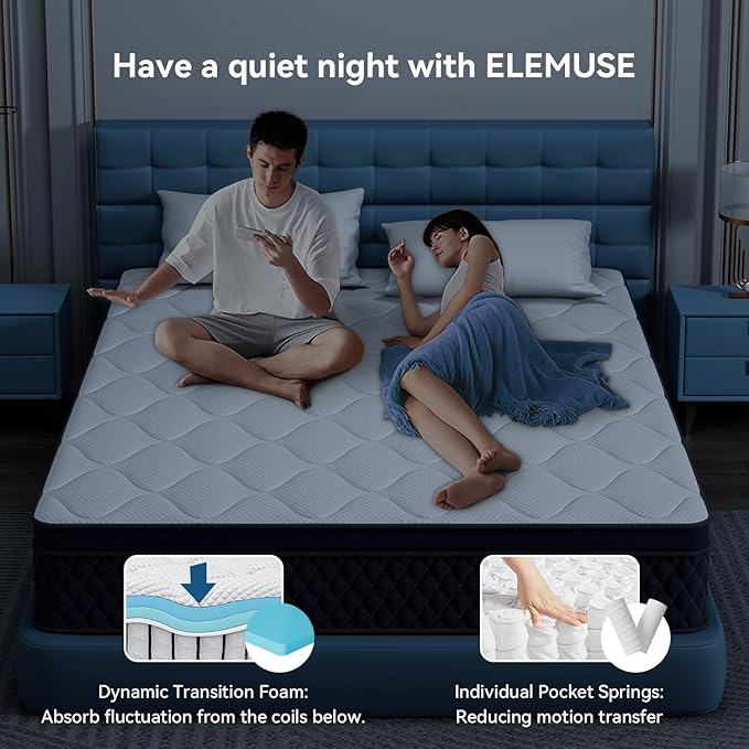 ELEMUSE 10 Inch Queen Mattress in a Box, Memory Foam Hybrid Mattress with Individually Pocketed Springs for Isolate Motion, Pressure Relief, CertiPUR-US Certified
