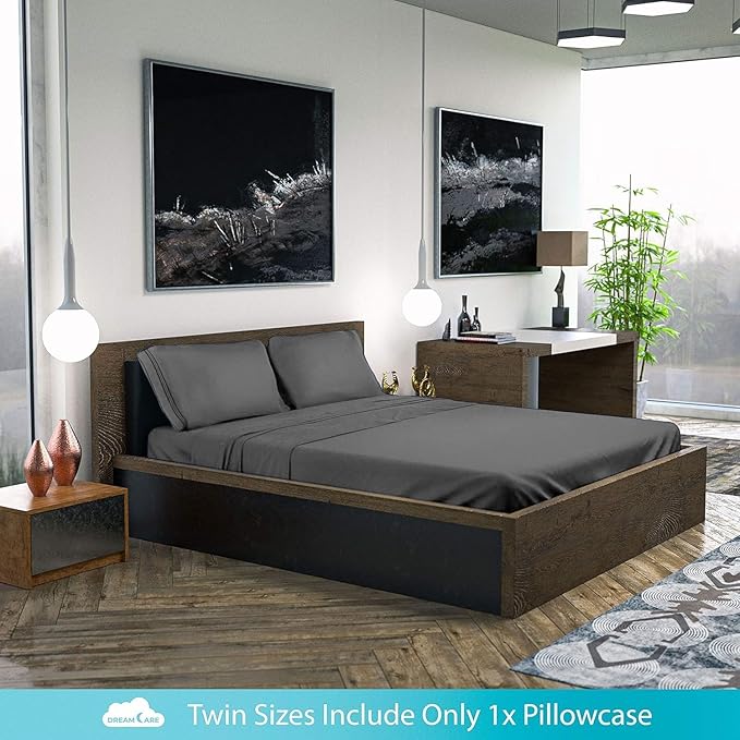 DREAMCARE King Size Sheets Set - Cooling Bed Sheets - 4pcs Set - up to 15" Deep Pocket King Sheet Set – Soft & Long Lasting Cooling - 100% Fine Brushed Polyester with Side Pocket - Dark Gray