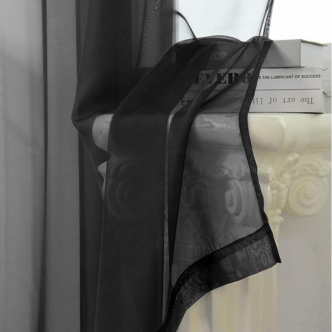 HUTO Black Sheer Curtains 45 Inch Length for Small Window Rod Pocket Sheer Drapes Panels for Kitchen Bathroom,2 Panels 52 by 45 Inches Long
