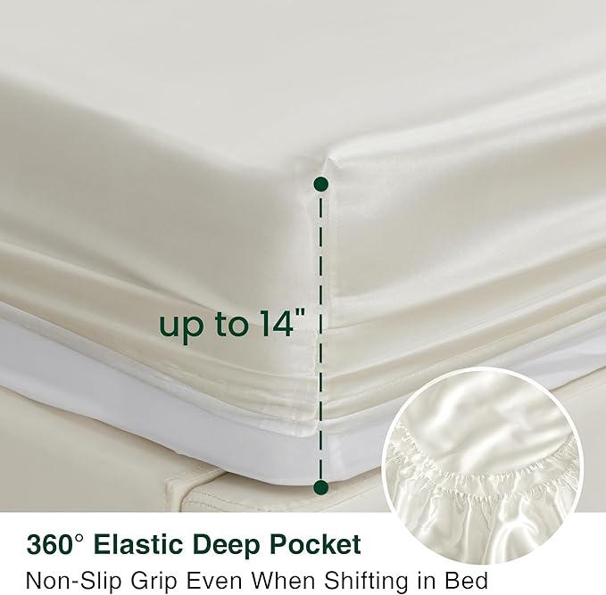 Love's cabin Full Size Satin Sheet Sets - 4 Piece Ivory Silky Sheet Set Full with Deep Pocket, Luxury Silk Feel Bed Sheets Full Bedding Set (1 Flat Sheet,1 Fitted Sheet,2 Pillow Cases)