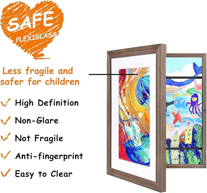 KINLINK 8.5x11 Kids Art Frames Set of 2, Solid Wood Kids Artwork Frames Changeable with Acrylic Front Opening Holds 150 Pictures, Art Frame for Kids Artwork with Mat or without Mat, Brown Wood