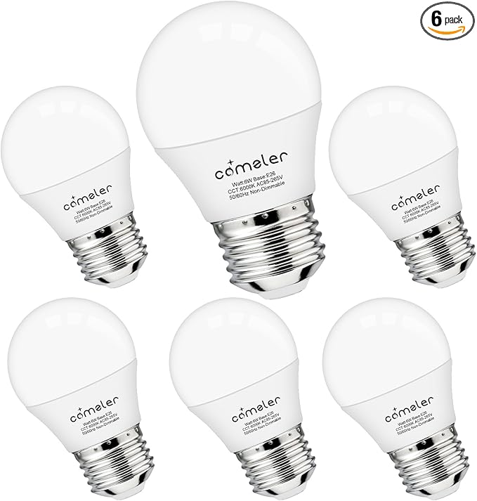 comzler LED Light Bulbs, E26 Base 6000K Cool Bright Daylight 60 Watt Equivalent Ceiling Fan Light Bulb, A15 Appliance Energy Saving Refrigerator Small Light Bulbs, 120V, 600LM, CRI 85+, 6 Pack