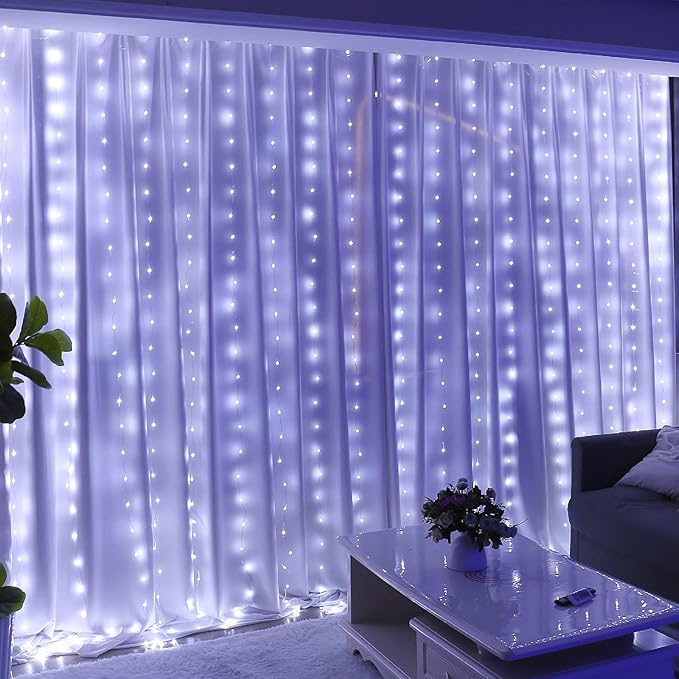 HXWEIYE 300LED Fairy Curtain Lights, 9.8x9.8Ft USB Plug-in 8 Modes Christmas String Hanging Lights with Remote for Bedroom Backdrop Wedding Party Indoor Wall Decor, White, Tangle-Free