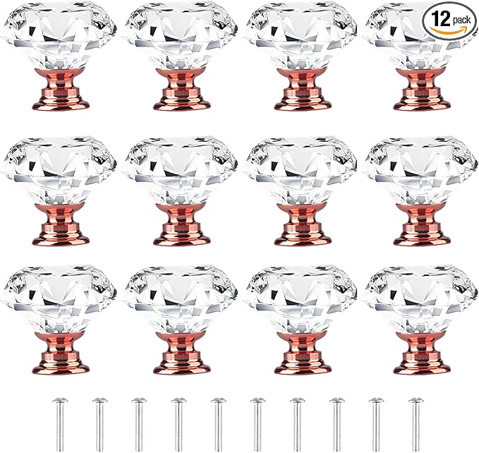 Tomorotec Set of 12 Rose Gold Base Crystal Clear Glass Drawer Pulls - 30mm Pink Diamond-Shaped Cupboard Knobs with Screws for Kitchen, Dresser, Bathroom and Wardrobe Cabinets