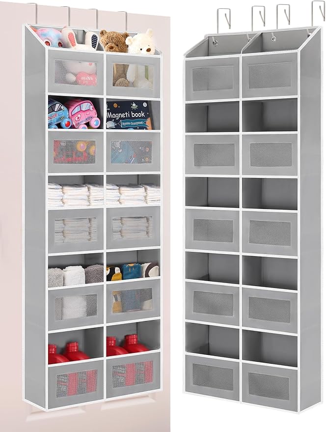 Over the Door Organizer - 10 Compartments, 80 lbs Load Behind Door Storage, Extra Large Hanging Storage Organization, Door Hanging Organizer for Bedroom, Bathroom, Nursery, Shoes, Diaper, Grey