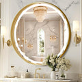 Gold Round Mirror 32 Inch, Metal Framed Frontlit Bathroom Mirror, Circle Mirrors for Wall, Led Light Mirror with Anti-Fog, Memory Function, 3 Color Temperature, Makeup Mirrors Dimmable
