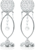2 Pcs Silver Elegant Metal Crystal Tea Light Candle Holders with Crystal Pendants, Hollow Design - Wedding Table Centerpieces for Anniversary Birthday Party, Home Decor
