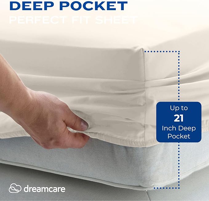 DREAMCARE California King Sheet Sets – 4 pcs Cooling Sheets – up to 21” Deep Cal King Sheets – Hotel Luxury Sheets & Pillowcases – Superior Softness 100% Fine Microfiber with Side Pocket – Ivory