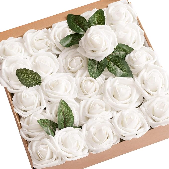 Ling's Moment Artificial Rose Flowers 25pcs Foam Roses w/Stem for DIY Wedding Bouquets Centerpieces Bridal Shower Party Home Decorations (Regular 3 inch /25pcs)