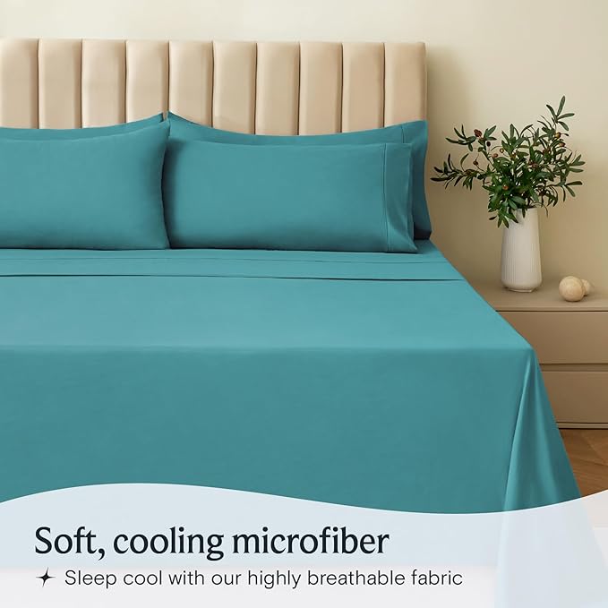LuxClub 4 PC California King Sheet Set, Breathable Luxury Bed Sheets, Deep Pockets Wrinkle Free Cooling Sheets Machine Washable Hotel Bedding Silky Soft - Teal Cal King
