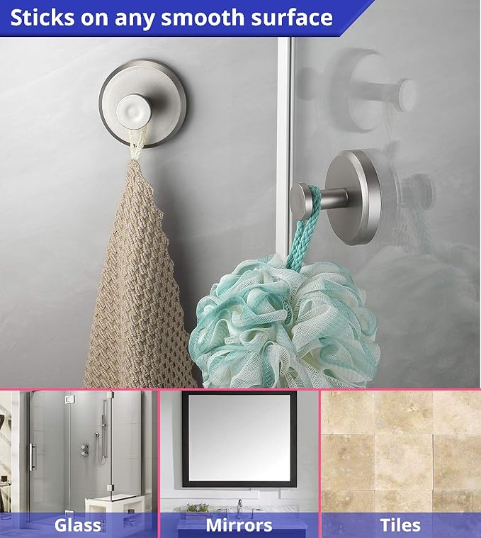 HOME SO Suction Cup Hooks for Shower, Bathroom, Kitchen, Glass Door, Mirror, Tile – Loofah, Towel, Coat, Bath Robe Hook Holder for Hanging up to 15 lbs – Polished Matte Chrome, Brushed Nickel (4-pack)