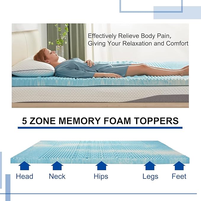 SINWEEK Mattress Topper Memory Foam Mattress Topper 1.5 Inch Queen Soft Mattress Pad for Pressure Relief, 5-Zone Design, CertiPUR-US Certified