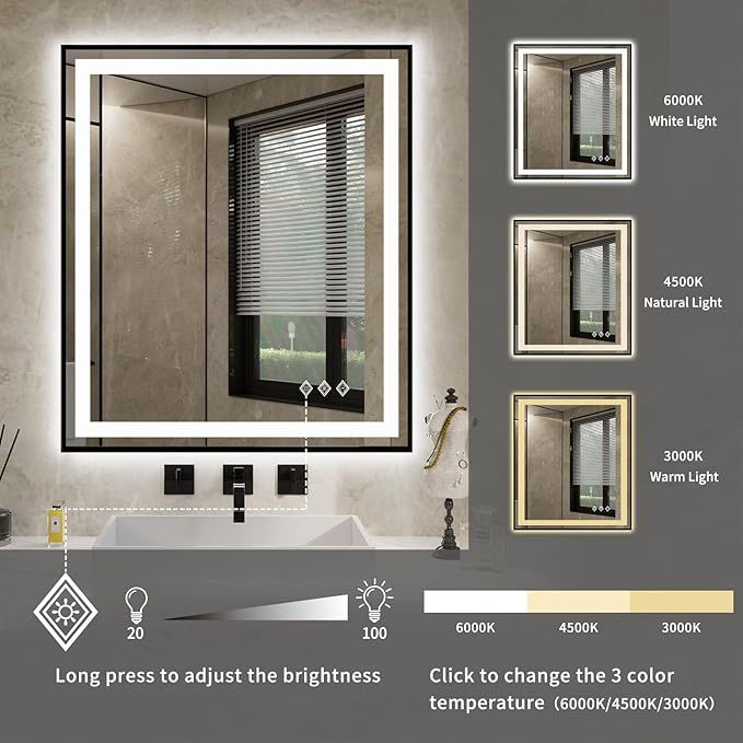 LED Bathroom Mirror, 28x32 Inch Black Framed Gradient Front and Backlit LED Vanity Mirror, 3 Colors Dimmable CRI>90, IP54 Enhanced Anti-Fog Wall Mounted Lighted Bathroom Mirror
