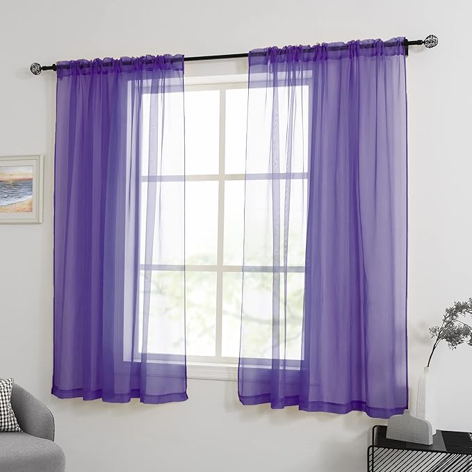 HUTO Short Purple Sheer Curtains 45 Inch Length for Girls Room Rod Pocket Sheer Window Drapes for Kitchen Bedroom Bathroom,Purple 2 Panels