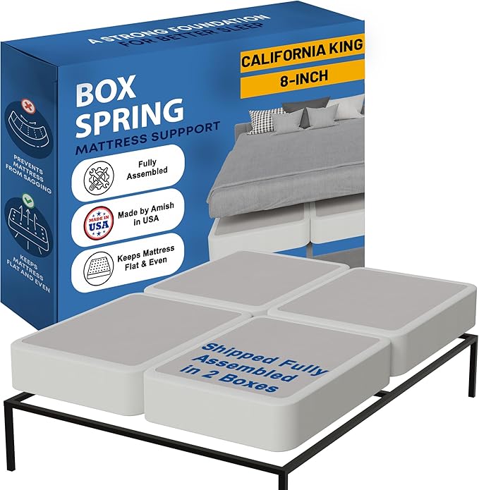Greaton, Box Spring Bed Base California King Size, 8-Inch Wood Mattress Foundation – Amish Made in USA – Quiet Noise Free, 4-Pieces Under Mattress-Support BoxSpring, Fully Assembled, White