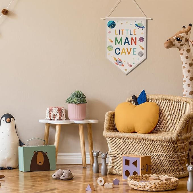 Nursery Decor Boys Room Decor Little Man Cave Sign for Boys Canvas Hanging Pennant Flag Banner Wall Sign Decor Gift for Nursery Bedroom Playroom Game Room Front Door