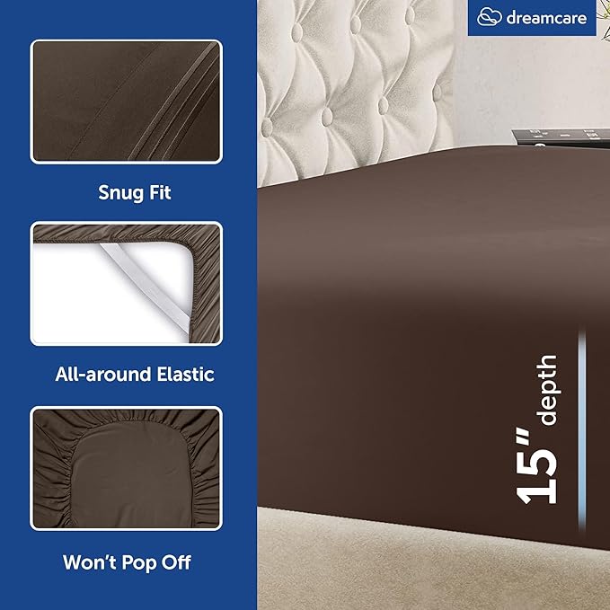 DREAMCARE King Size Sheets Set - Cooling Bed Sheets - 4pcs Set - up to 15" Deep Pocket King Sheet Set – Soft & Long Lasting Cooling - 100% Fine Brushed Microfiber with Side Pocket - Mocha Brown