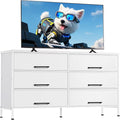 WLIVE White TV Stand for 60, 65, 70 inch TV, Large Entertainment Center with 6 Fabric Drawer, TV Media Console Table with Wood Top, Adjustable Feet for Living Room,