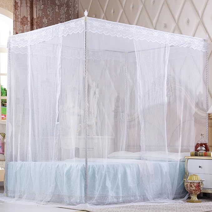 4 Corners Princess Bed Curtain Canopy Canopies for Girls Boys Adults Bed Gift (Queen, White)