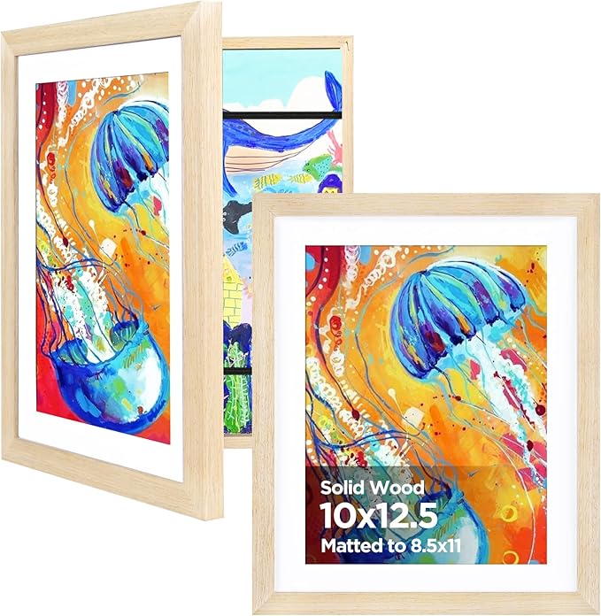 KINLINK 10x12.5 Kids Art Frames Set of 2, Solid Wood Kids Artwork Frames Changeable with Acrylic Front Opening Holds 150 Pictures, Art Frame for Kids Artwork with Mat or without Mat, Natural