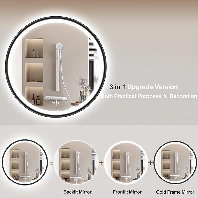 S'bagno 24'' Round Black LED Mirror for Bathroom with Frontlit & Backlit, Metal Frame, Anti-Fog, Stepless Dimmable, 3 Colors Temperature Vanity Mirror