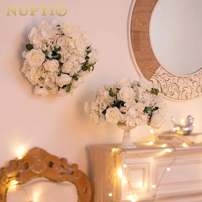 NUPTIO Flower Balls for Wedding Centerpieces - 2 Pcs 14.2 inch Diameter Fake Flower Ball Arrangement Bouquet Party Centerpieces for Tables - White Rose Bouquet Centerpiece Flowers for Wedding Table