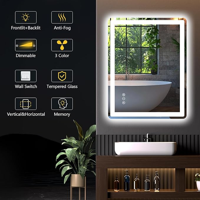 LED Bathroom Mirror 40"x 24" with Front and Backlight, Anti-Fog Dimmable, Lighted Bathroom Mirror with Lights, Shatter-Proof, Tempered Glass, Decor Vanity Mirror for Wall(Horizontal/Vertical)