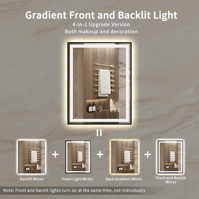 LED Bathroom Mirror, 28x36 Inch Black Framed Gradient Front and Backlit Bathroom Mirror with Lights, 3 Colors Dimmable CRI>90, Enhanced Anti-Fog Wall Mounted LED Mirror for Bathroom