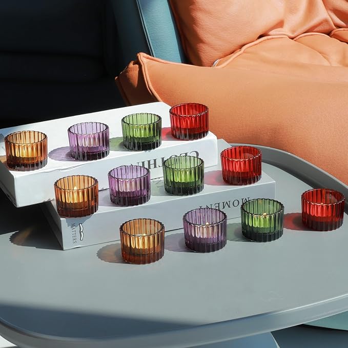 VOHO 4 Colors Tealight Candle Holder Fall Decor Set of 12, Votive Candle Holders for Table Centerpiece, Ribbed Tea Light Candle Holder Glass for Halloween/Thanksgiving/Christmas Decorations/Gifts