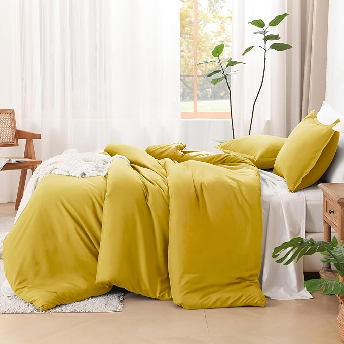 Litanika Mustard Yellow Comforter Set King Size, 3 Pieces Lightweight Solid Bedding Comforter Set, All Season Fluffy Bed Set (104x90In Comforter & 2 Pillowcases)
