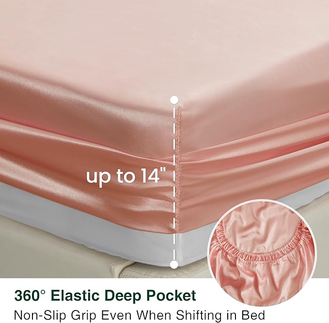 Love's cabin Twin Satin Sheets Sets - 3 Piece Coral Silky Bed Sheets with Deep Pockets, Luxury Silk Feel Satin Twin Size Sheet Set Bedding Set (1 Flat Sheet,1 Fitted Sheet,1 Pillow case)