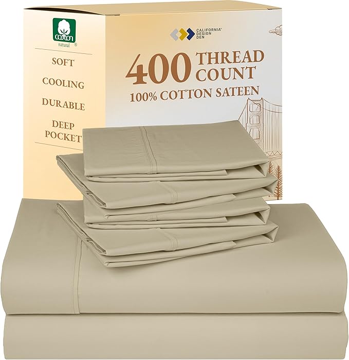 California Design Den 6 Piece Queen Sheet Set with 4 Pillowcases - Soft 400 Thread Count Sateen, 100% Cotton Sheets Queen Size Bed Set with Deep Pockets, Cool and Durable Bedding - Beige (Golden Tone)