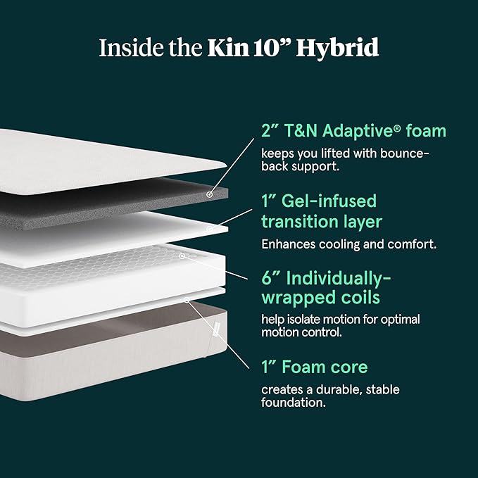 Tuft & Needle Kin Medium Plush 10" King Hybrid Mattress, Cooling, Pressure Relief, and Individually-Wrapped Coils, 100 Night Trial, Fiberglass-Free, CertiPUR-US, 10-Year Limited Warranty