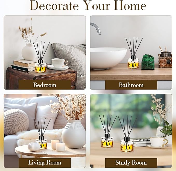 Chunful 4 Sets Reed Diffuser Bottle Empty Refillable Fragrance Glass Diffuser Bottles 100ml Round Glass Jars with Black Caps and Rattan Sticks for Living Room Home Replacement Fragrance DIY Decor