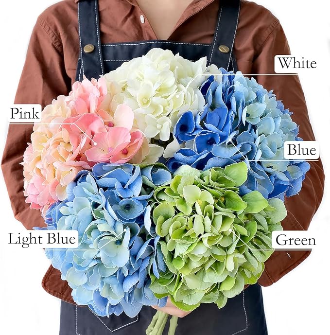 2 White +2 Blue Real Touch Hydrangea Artificial Flowers,21" Vintage Silk Fake Flowers, Faux Hydrangea Flowers for Wedding Bouque Centerpieces Tables Party Home