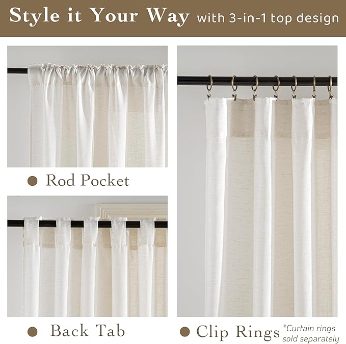 RYB HOME Sheer Curtains 84 inches Long Linen Blend Light & Airy Vertical Translucent Panels for Bedroom Living Room Office, Rod Pocket & Back Tab, W52 x L84, Ivory, 2 Panels